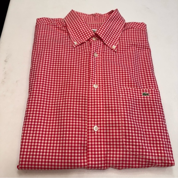 Lacoste Men’s  Button Down Shirt Red/white Check Short Sleeves Logo Sz 42 Large - Picture 9 of 11